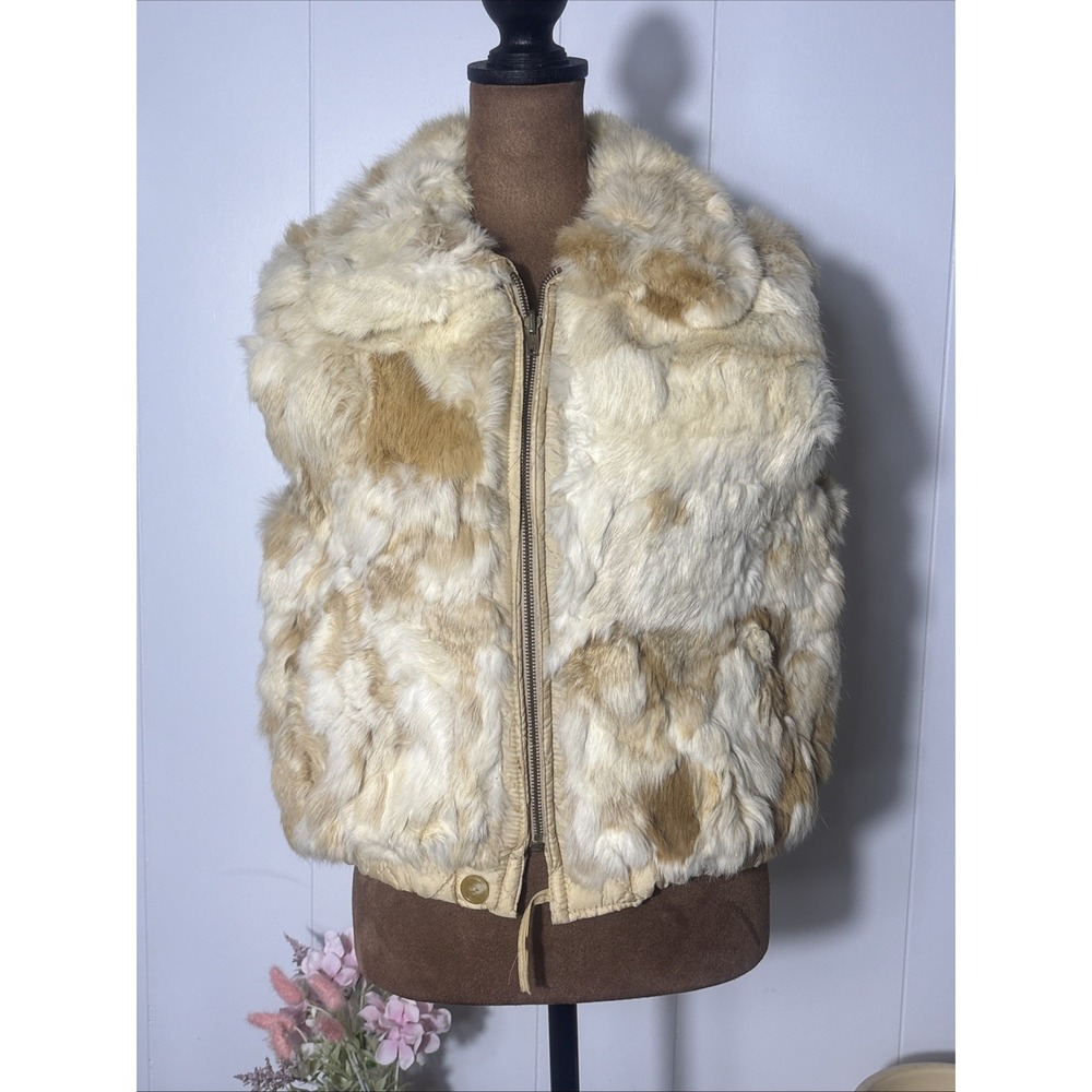 Genuine Rabbit Fur Zip Front Vest Beige Brown Sz Medium Boho Hong Kong Vintage